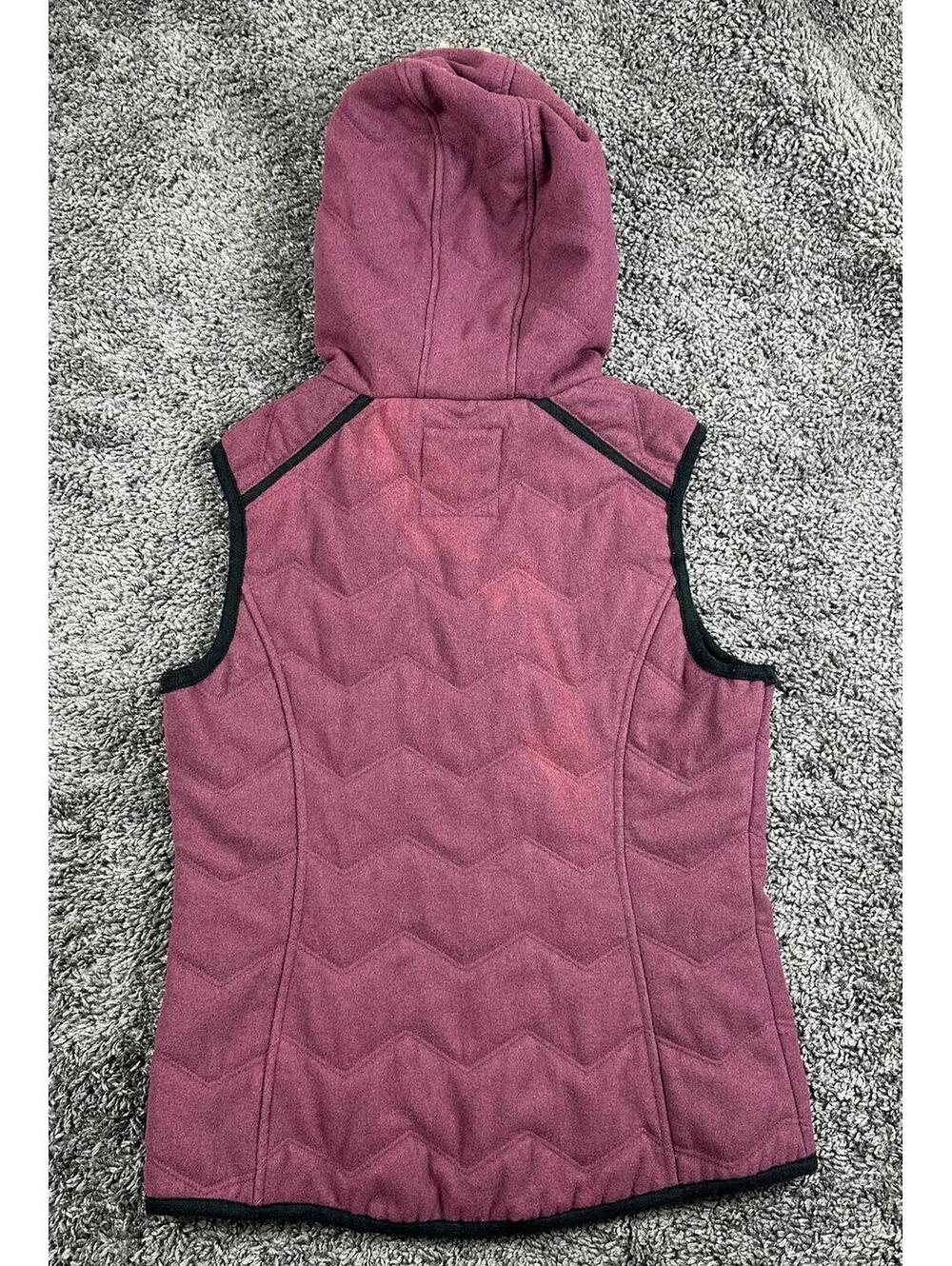 prAna Calla Wool Hooded Vest Womens Burgundy Quilted Faux Fur Trim Full Zip Sz M - Picture 4 of 15